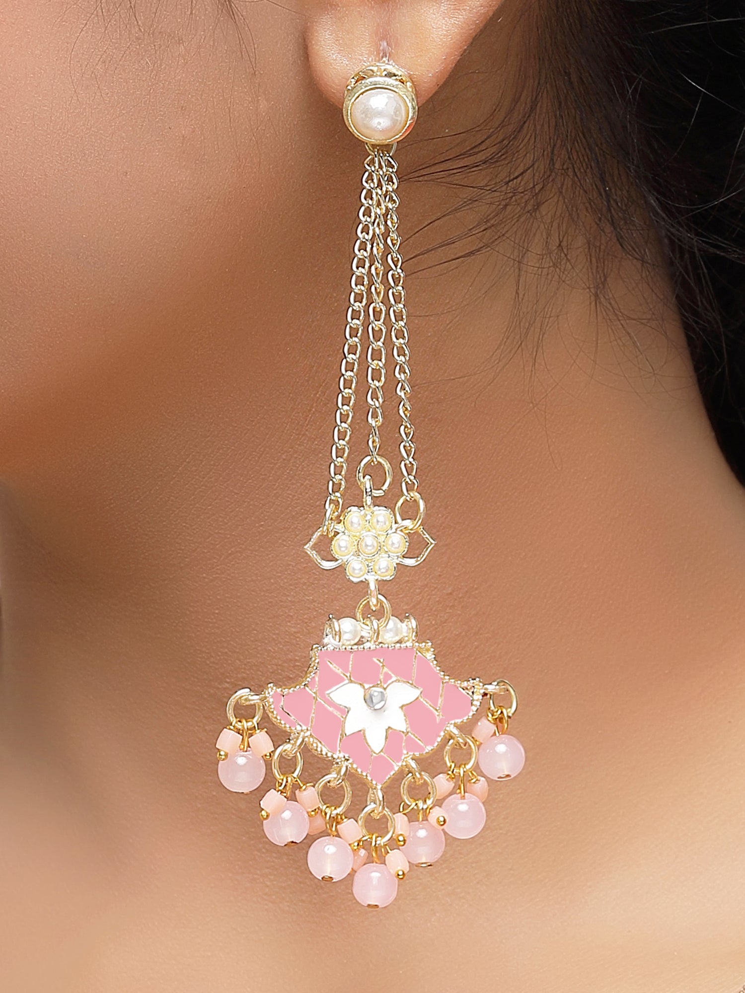 KARATCART Designer Gold-Plated Pink Meena and Floral Kundan Drop Earrings for Women - view 2