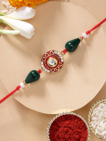 KARATCART Elegant Red Floral Meena and Polki Kundan Handmade Rakhi for Brother with Roli Chawal
