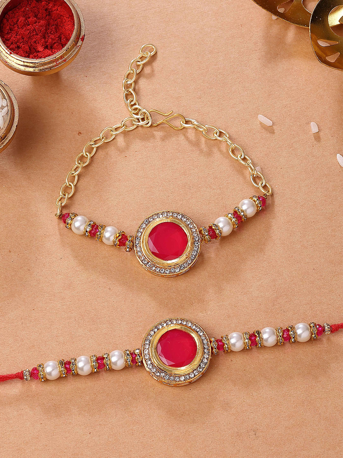 Karatcart Gold Plated Red Polki Kundan and Pearl Bhiya Bhabhi Rakhi with Roli & Chawal