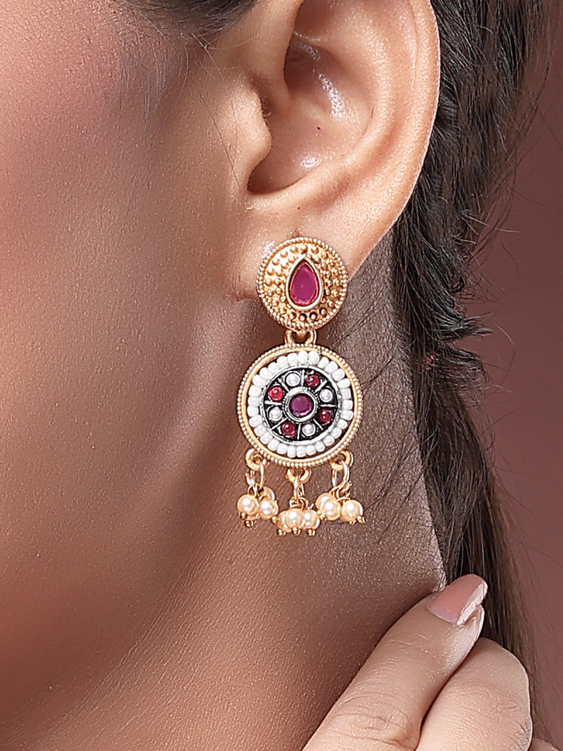 Karatcart Antique Gold Plated Circular Earrings with Red Stone, Pearl, and Kundan Detailing for Women