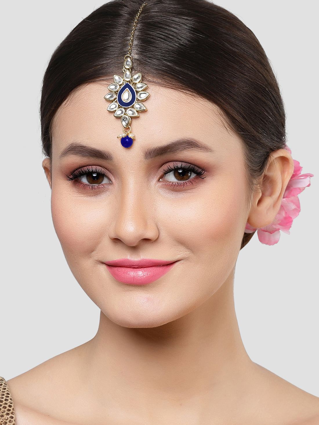 Karatcart Gold Plated Blue Meena Kundan Maangtikka for Women