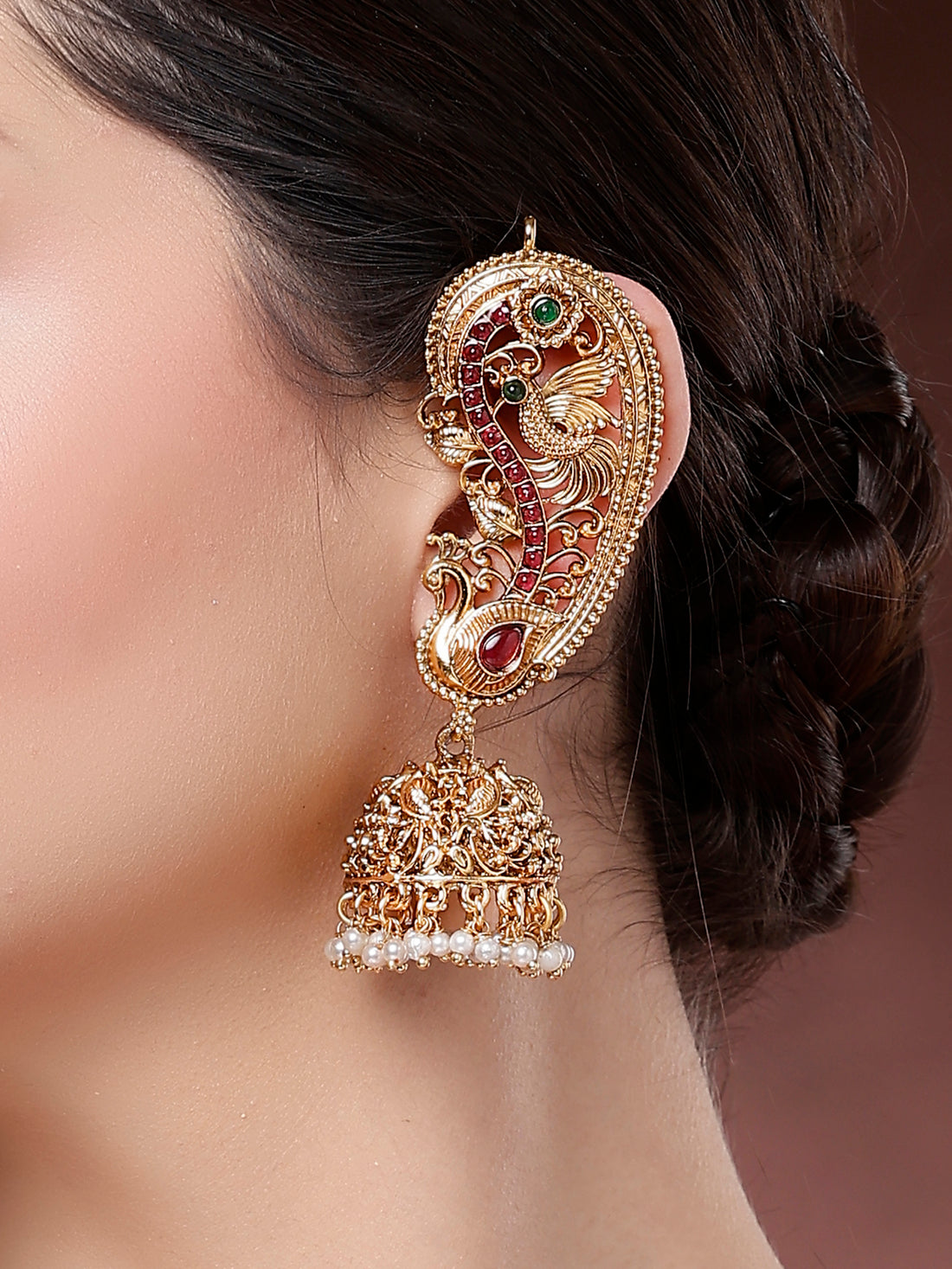 Karatcart Traditional Gold-Plated Red Stones Peacock Design Jhumka Earrings with Pearls for Women