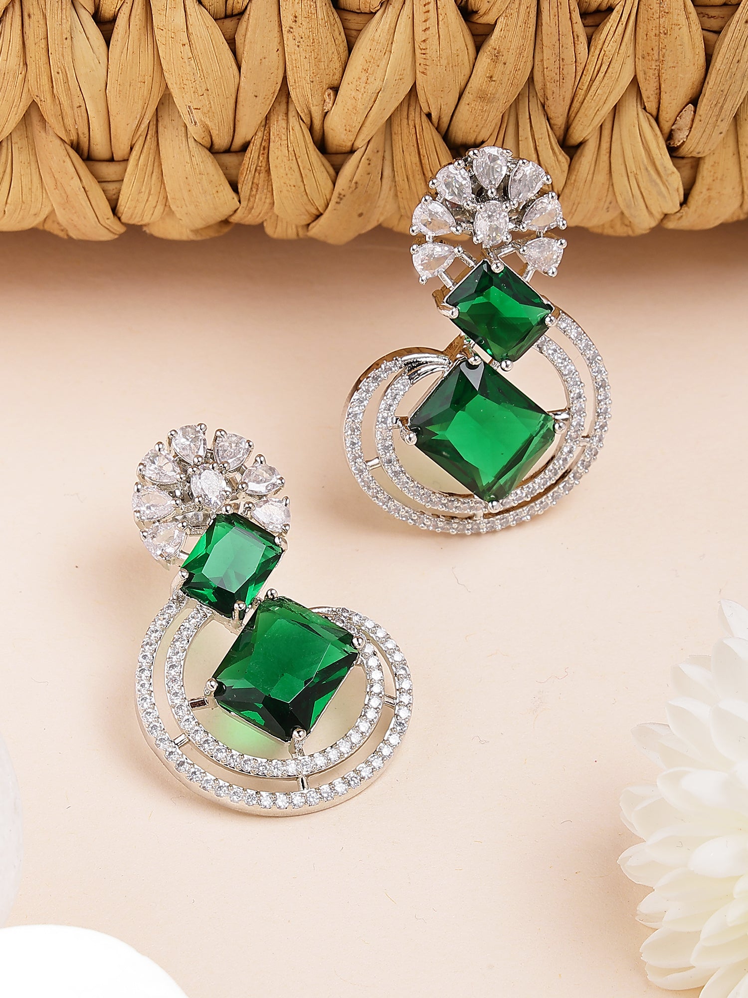 Karatcart Modern Green American Diamond Design Silver-Plated Stud Earrings for Women