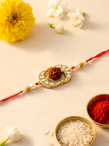 KARATCART Gold Plated Oval Kundan Rudraksha Bhaiya Rakhi with Roli & Chawal