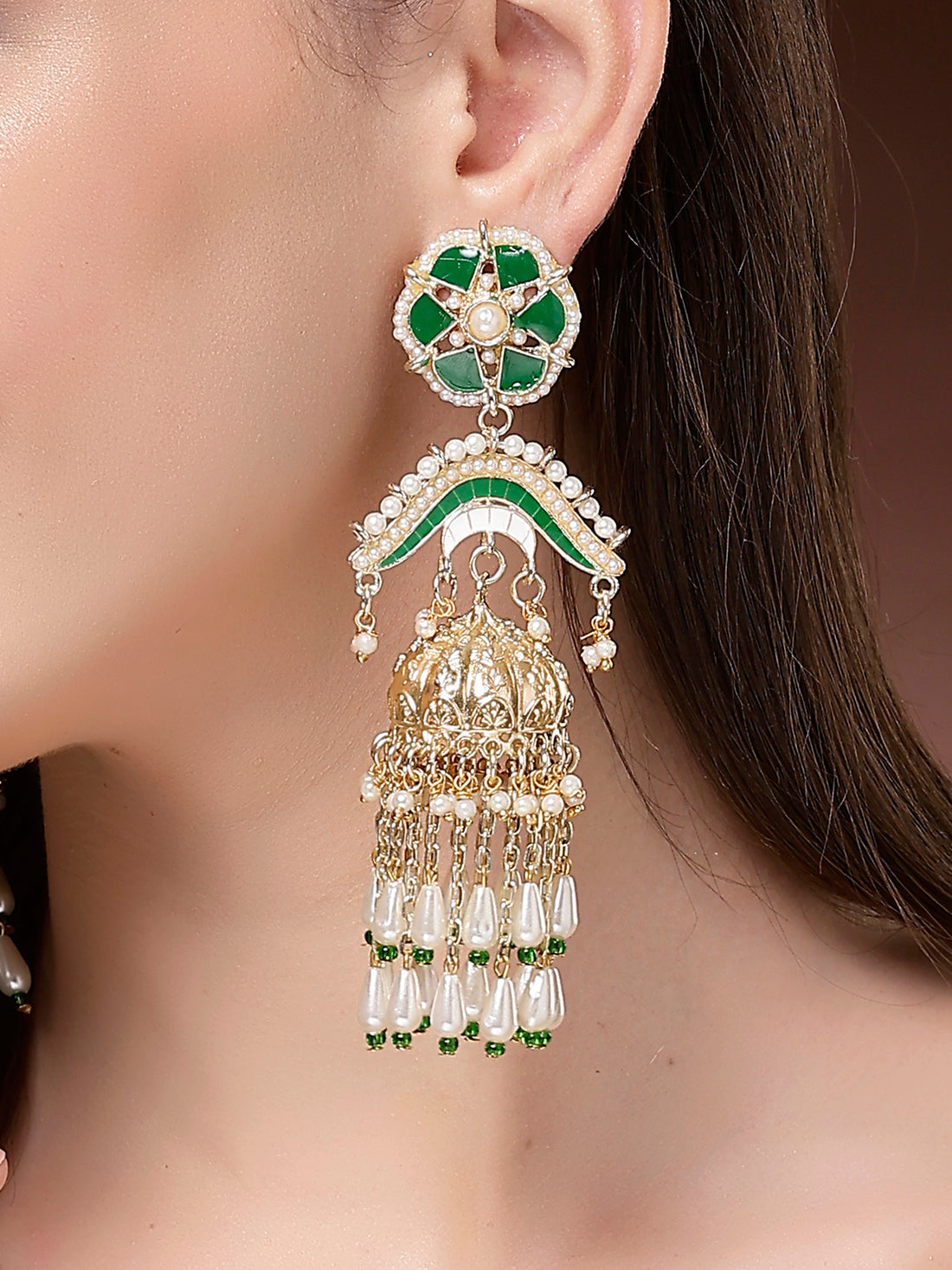Karatcart Traditional Gold-Plated Green Enamel Kundan Dome Jhumka Earrings with Drop Pearls