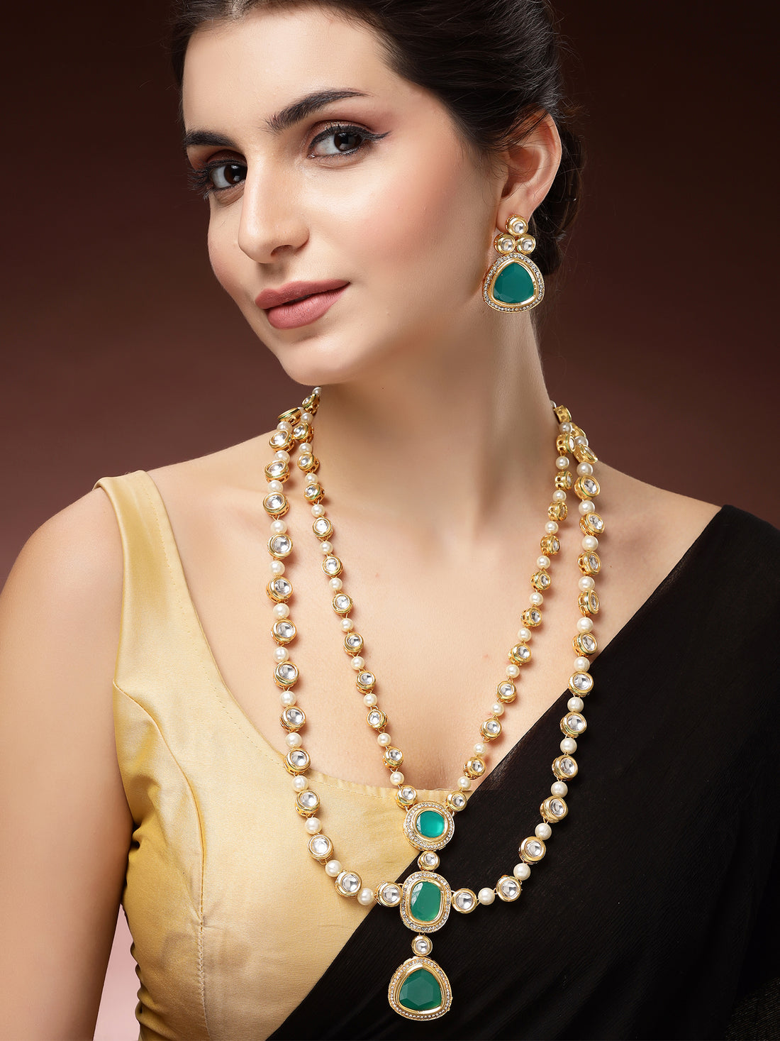 Karatcart Traditional Gold-Plated Green Polki Kundan and Pearl Rani Haar Necklace for Women