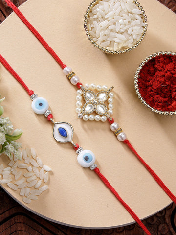 KARATCART Set of 2 Blue Evil Eye Handmade Meenakari Kundan Rakhi for Brother with Roli and Chawal