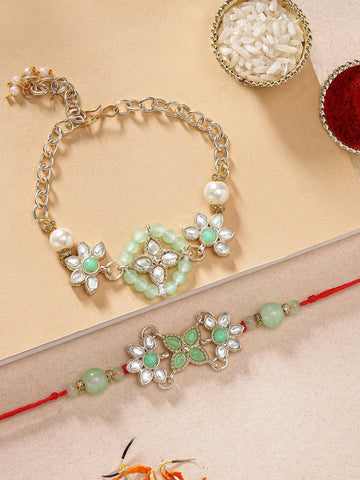 KARATCART Light Green Beads Floral Design Handmade Kundan Bhaiya Bhabhi Rakhi with Roli & Chawal