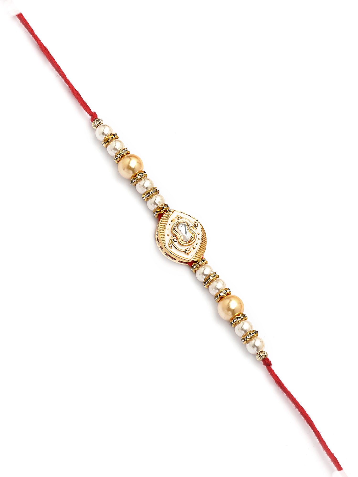 Karatcart Golden Beads and Pearl Meenakari Kundan Bhiya Bhabhi Rakhi with Roli & Chawal