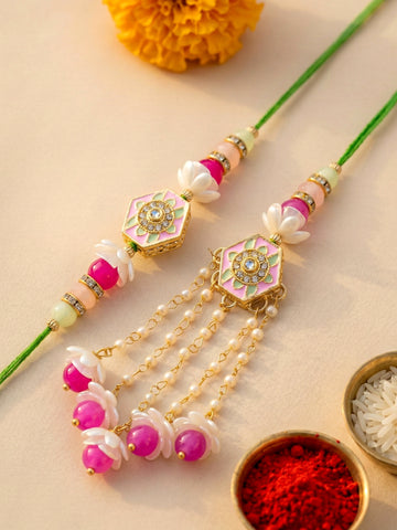 KARATCART Gold Plated Pink Enamel and Beads Floral Kundan Bhaiya Bhabhi Rakhi with Roli & Chawal
