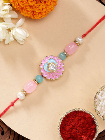 KARATCART Beautiful Pink and Light Blue Floral Meenakari Handmade Rakhi for Brother with Roli Chawal