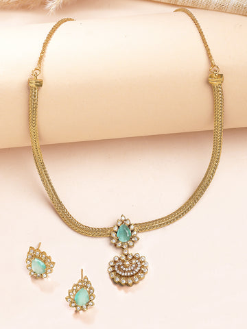 KARATCART Traditional Gold Plated Floral Lime Green Stone Temple Jewellery Set for Women