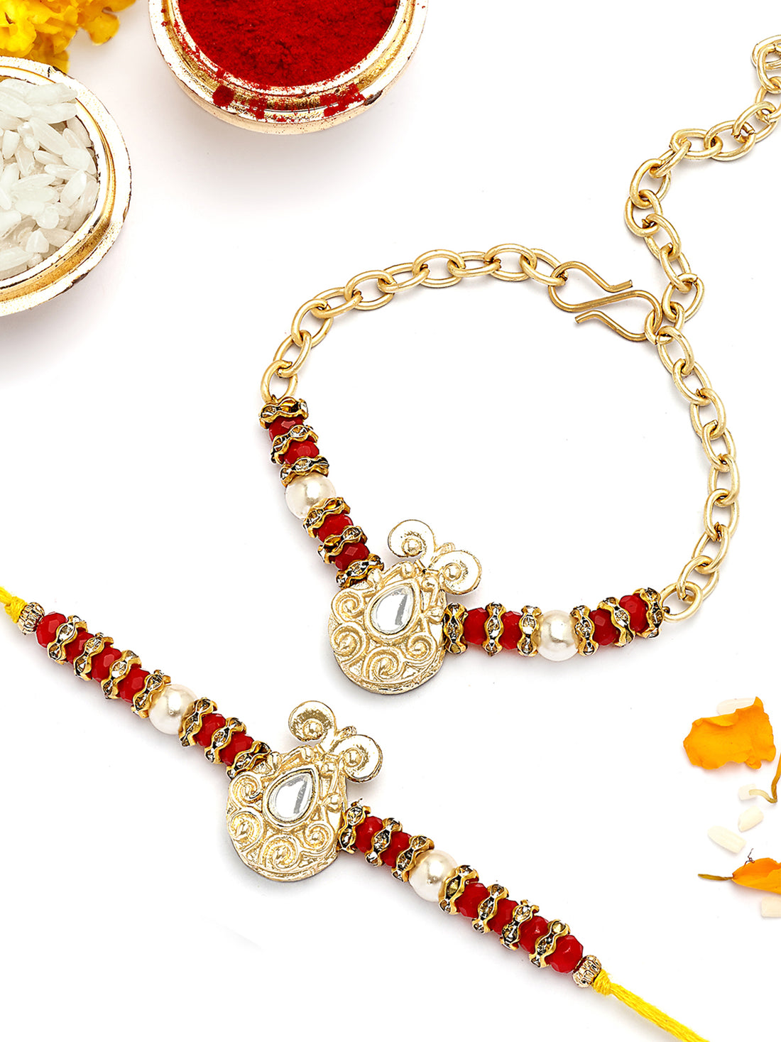 KARATCART Gold Plated Red Beads Kundan Bhaiya Bhabhi Rakhi with Roli & Chawal