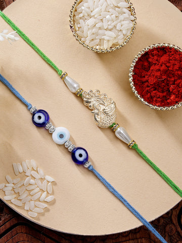 KARATCART Set of 2 Evil Eye and Golden Peacock Kundan Handmade Rakhi for Brother with Roli & Chawal