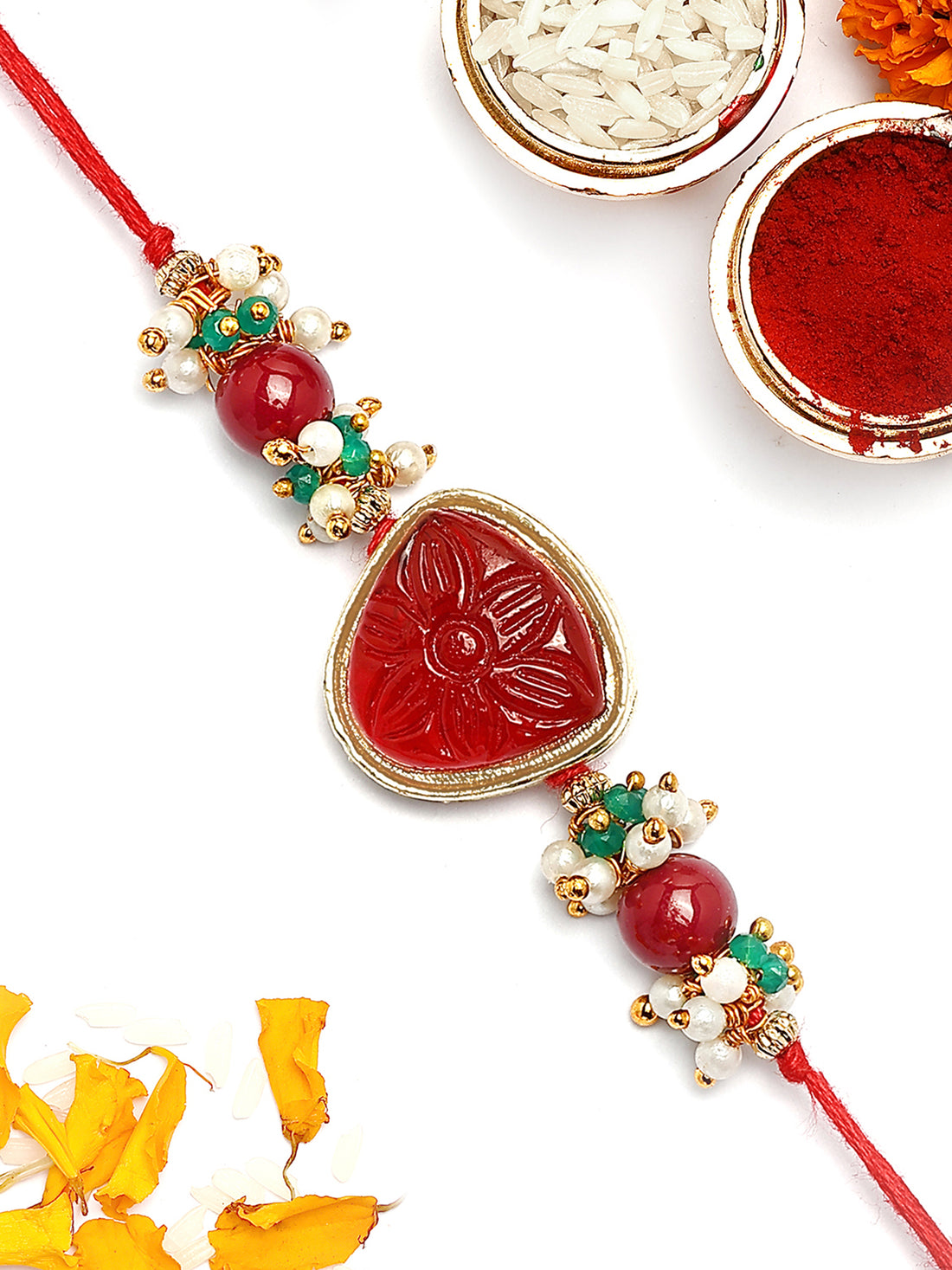 KARATCART Gold Plated Red Carved Stone Kundan Bhaiya Rakhi with Roli & Chawal