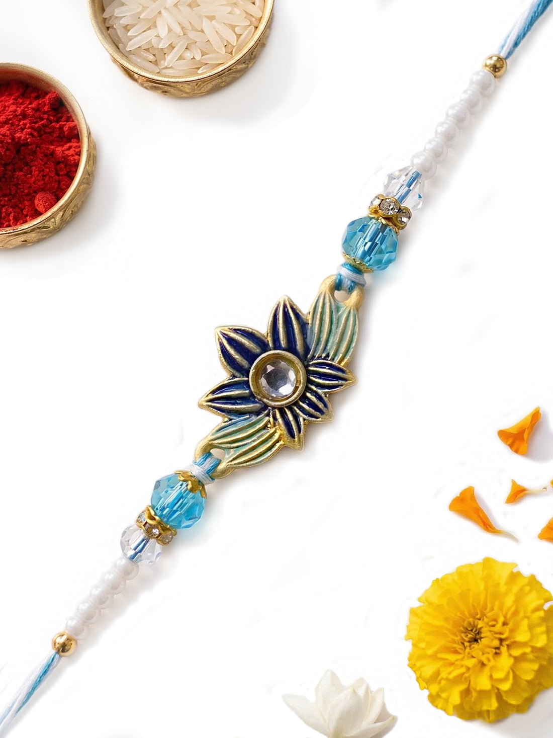 KARATCART Gold Plated Light Blue Meenakari Floral Kundan Bhaiya Rakhi with Roli & Chawal