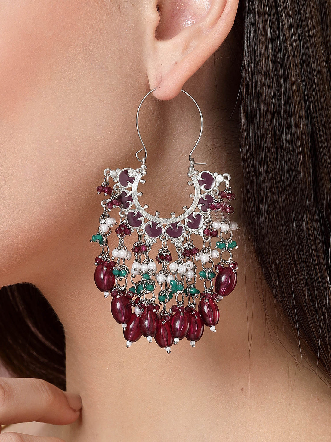 Karatcart Oxidised Silver Purple and Green Crystal Drop Earrings for Women