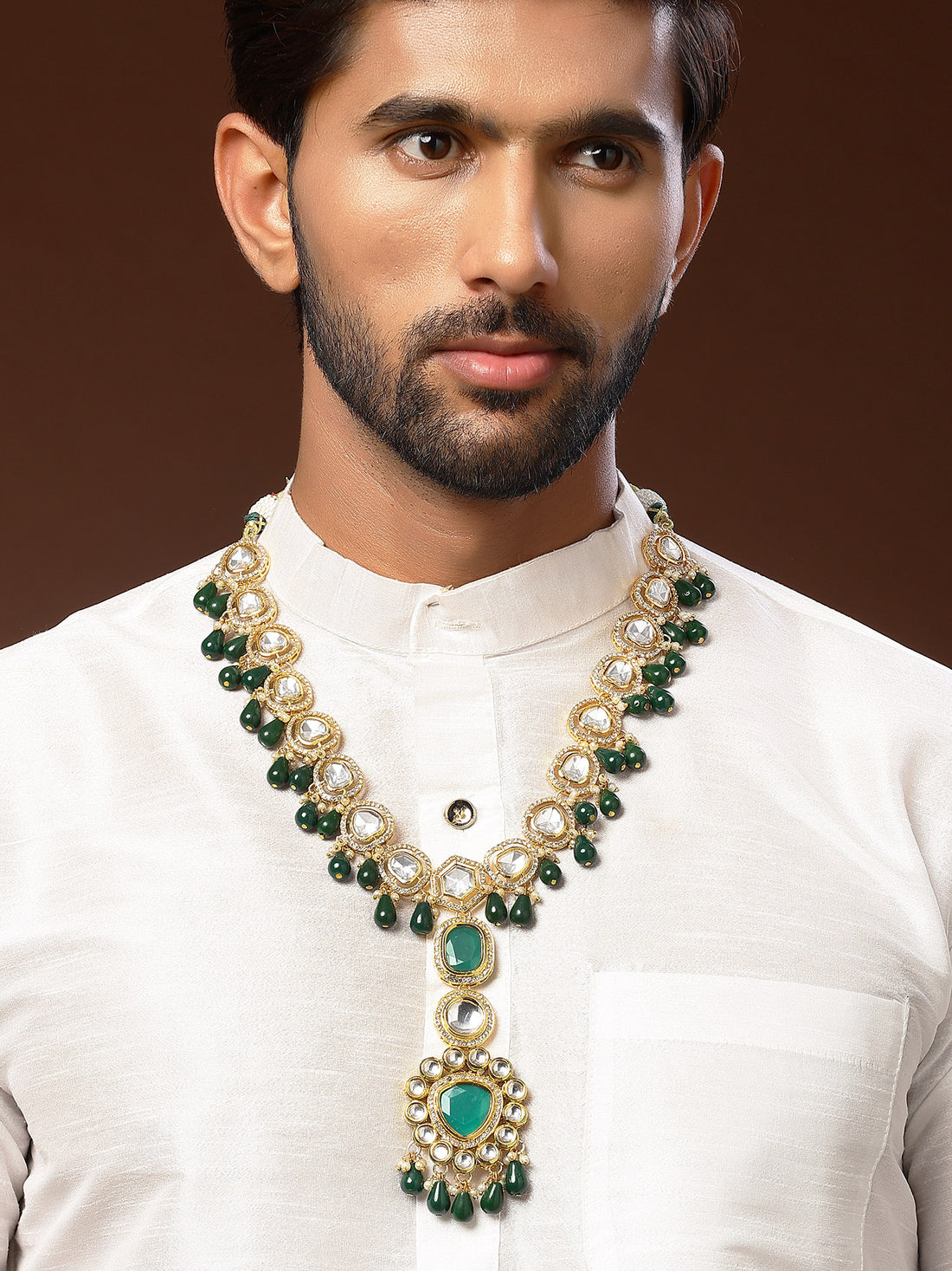 Karatcart Green Round Polki Kundan Maharaja Haar for Men
