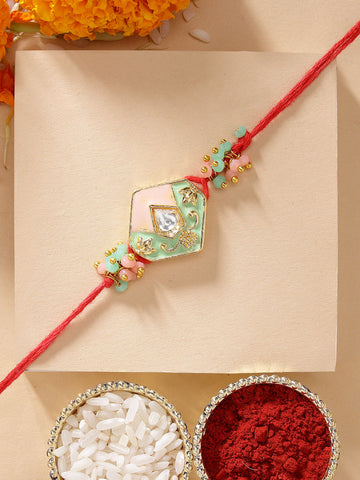 KARATCART Beautiful Peach and Lime Green Meena Handmade Kundan Rakhi for Brother with Roli & Chawal