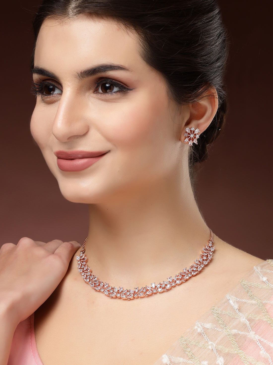 Karatcart Rose Gold Plated American Diamond Floral Necklace Set for Women