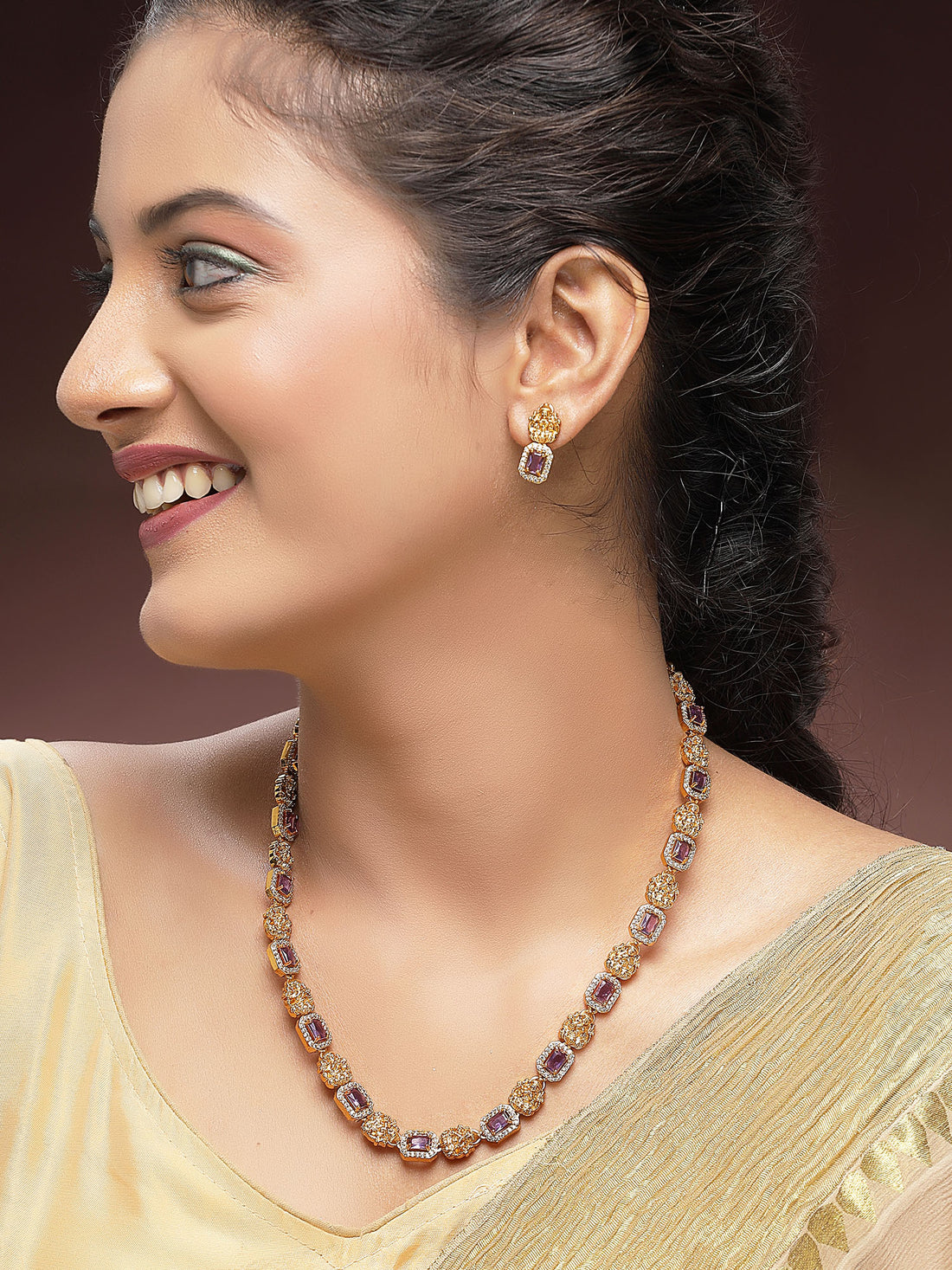KARATCART Traditional Gold-Plated Purple Laxmi Mata Rani Haar Temple Jewellery Set for Women