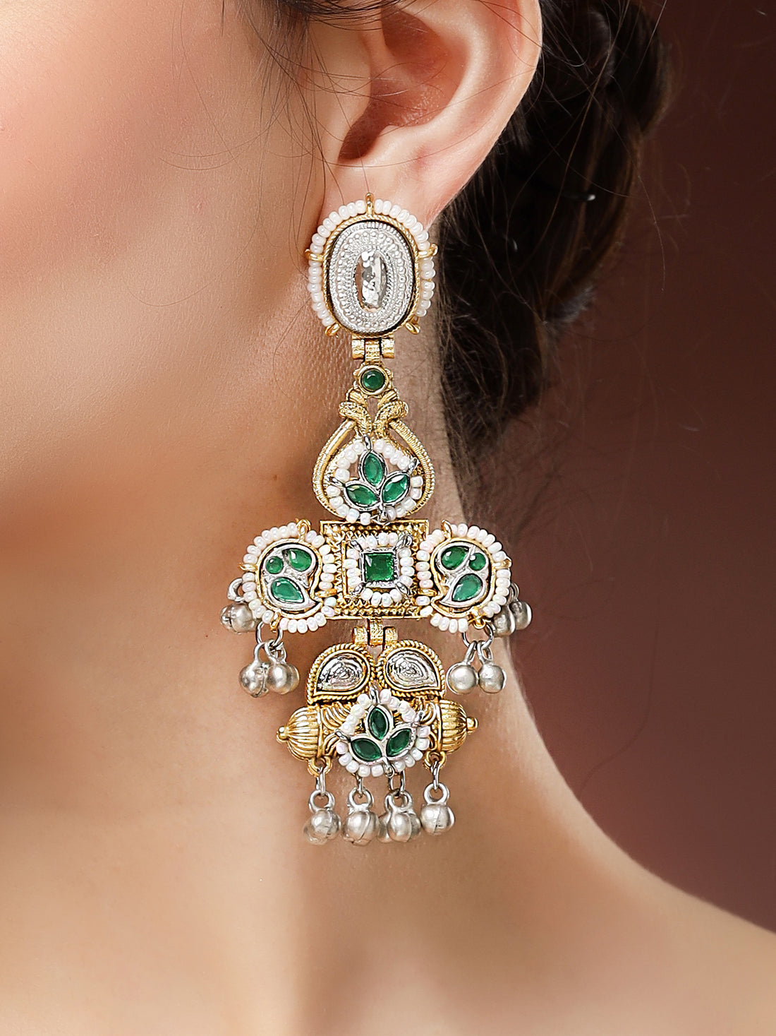Karatcart Designer Silver and Gold Plated Green Stone Dangler Earrings for Women