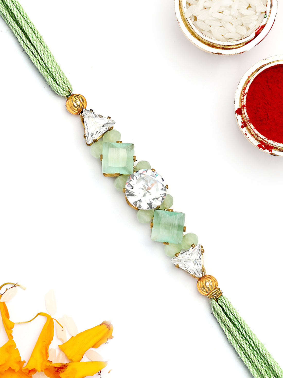 KARATCART Lime Green Rhinestones Bhaiya Rakhi with Roli & Chawal
