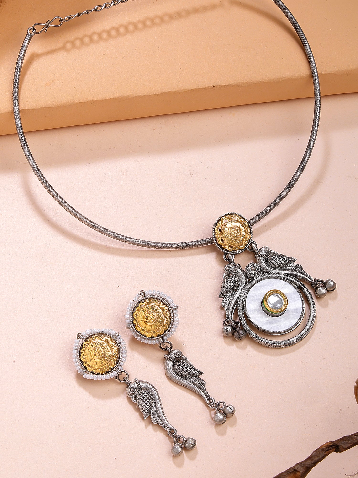 Karatcart Oxidised Silver Peacock Design Hasli Necklace Set for Women