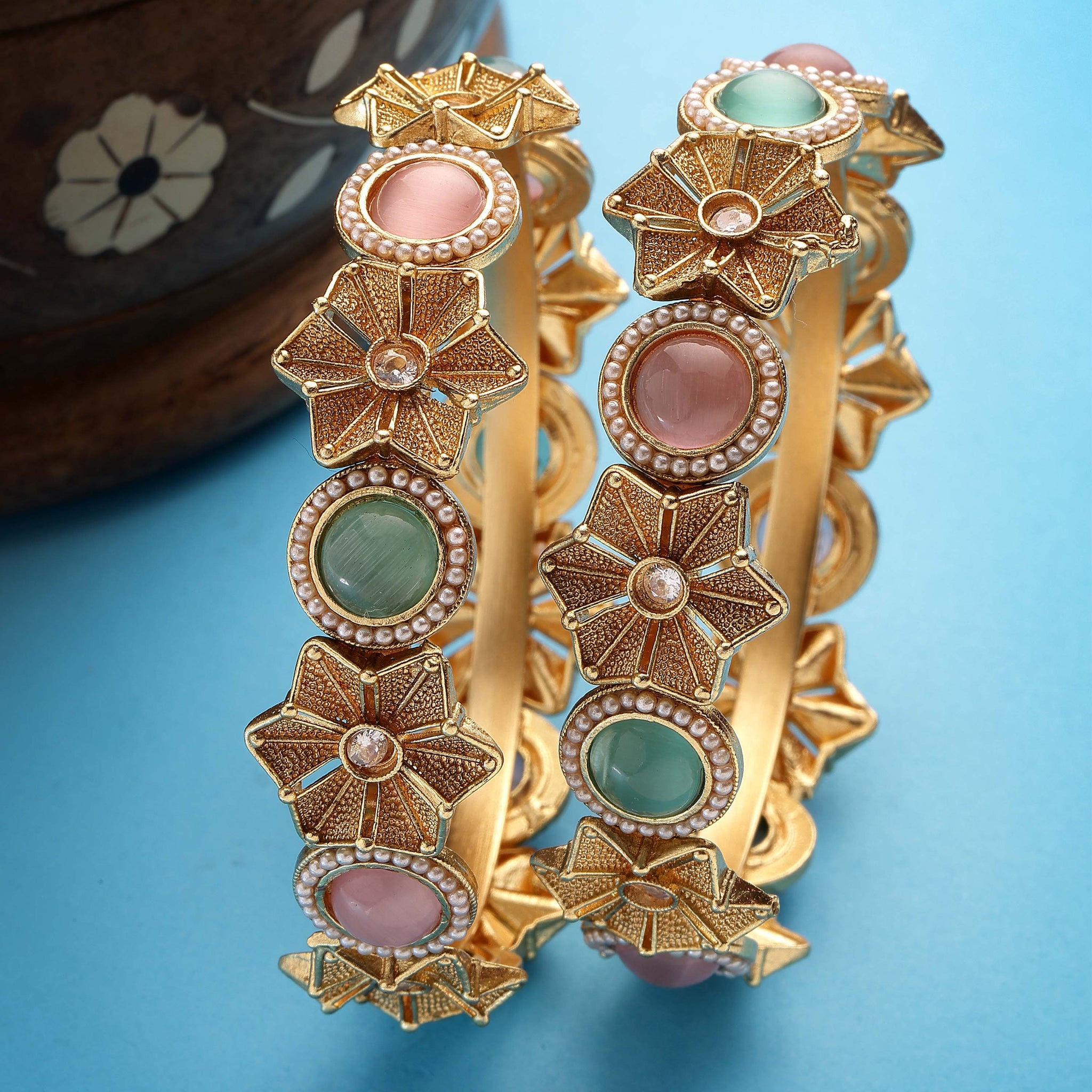 Karatcart Set of 2 Gold Plated Pink and Lime Green Stone Studded Floral Bangles for Women
