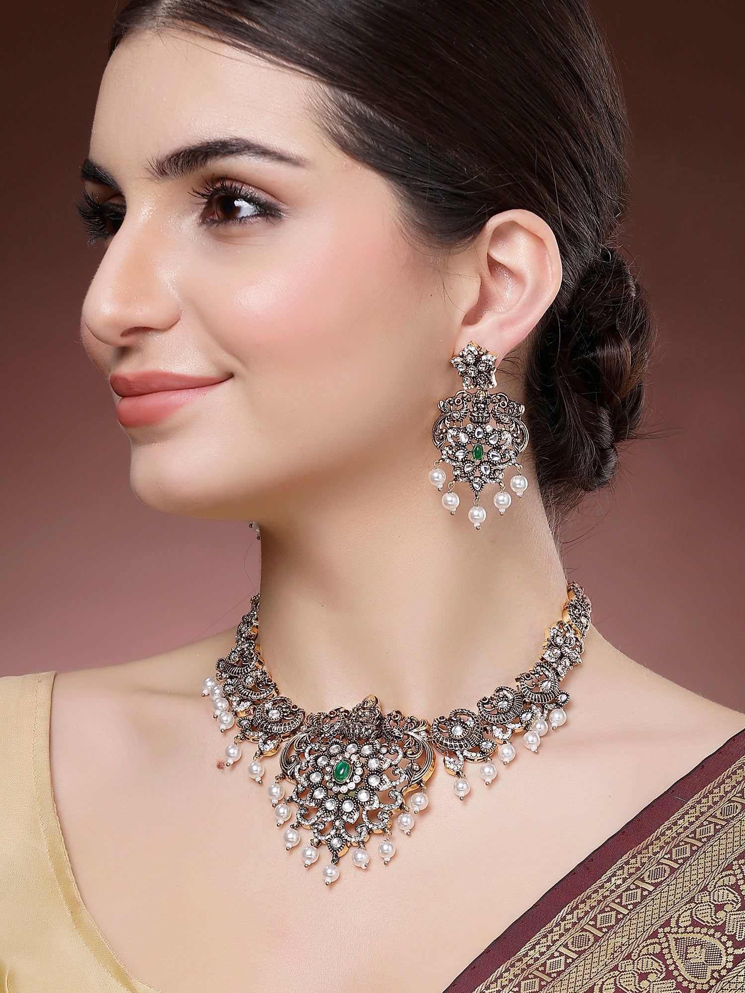 Karatcart Antique Gold Plated Green Stone Temple Jewellery Set for Women - view 2