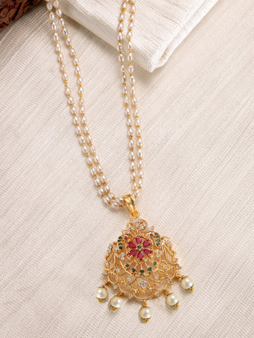 Karatcart Gold Plated Pearl Studded Red Stone Necklace for Women