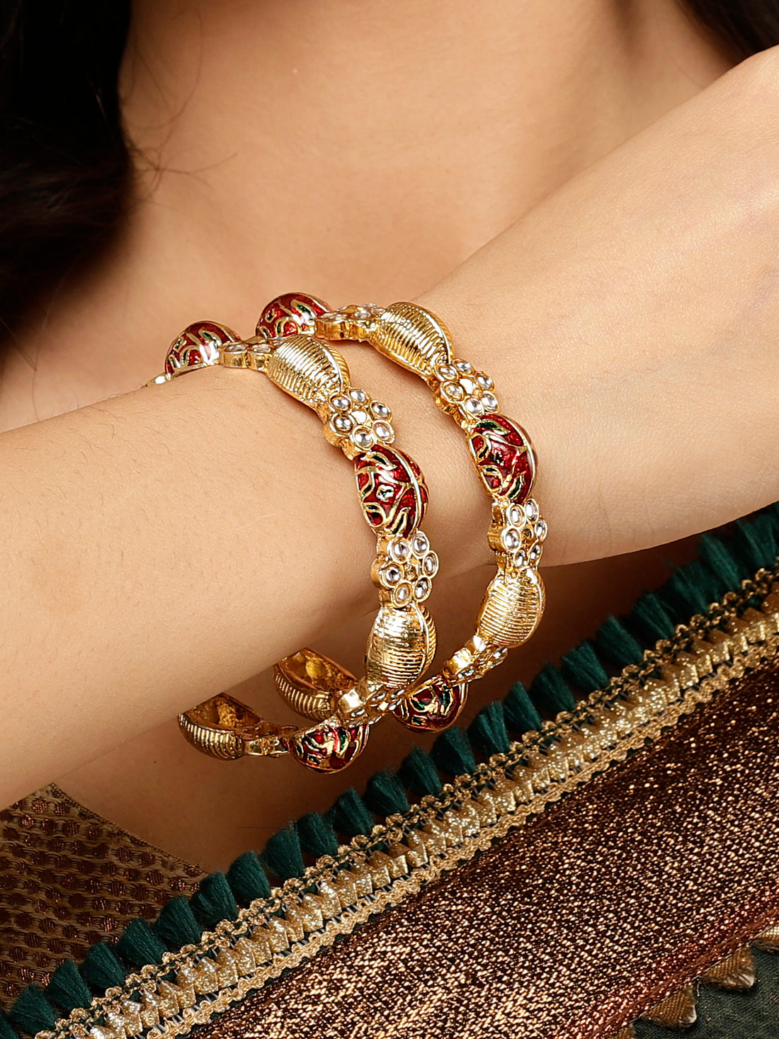 Karatcart Set of 2 Gold Plated Red Meena Floral Bangles for Women