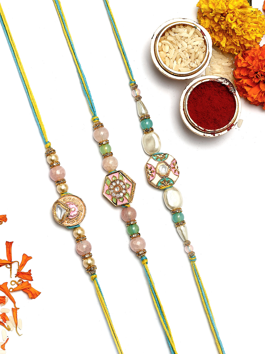 KARATCART Set of 3 Pastel Enamel Designer Kundan Rakhi for Brother with Roli & Chawal