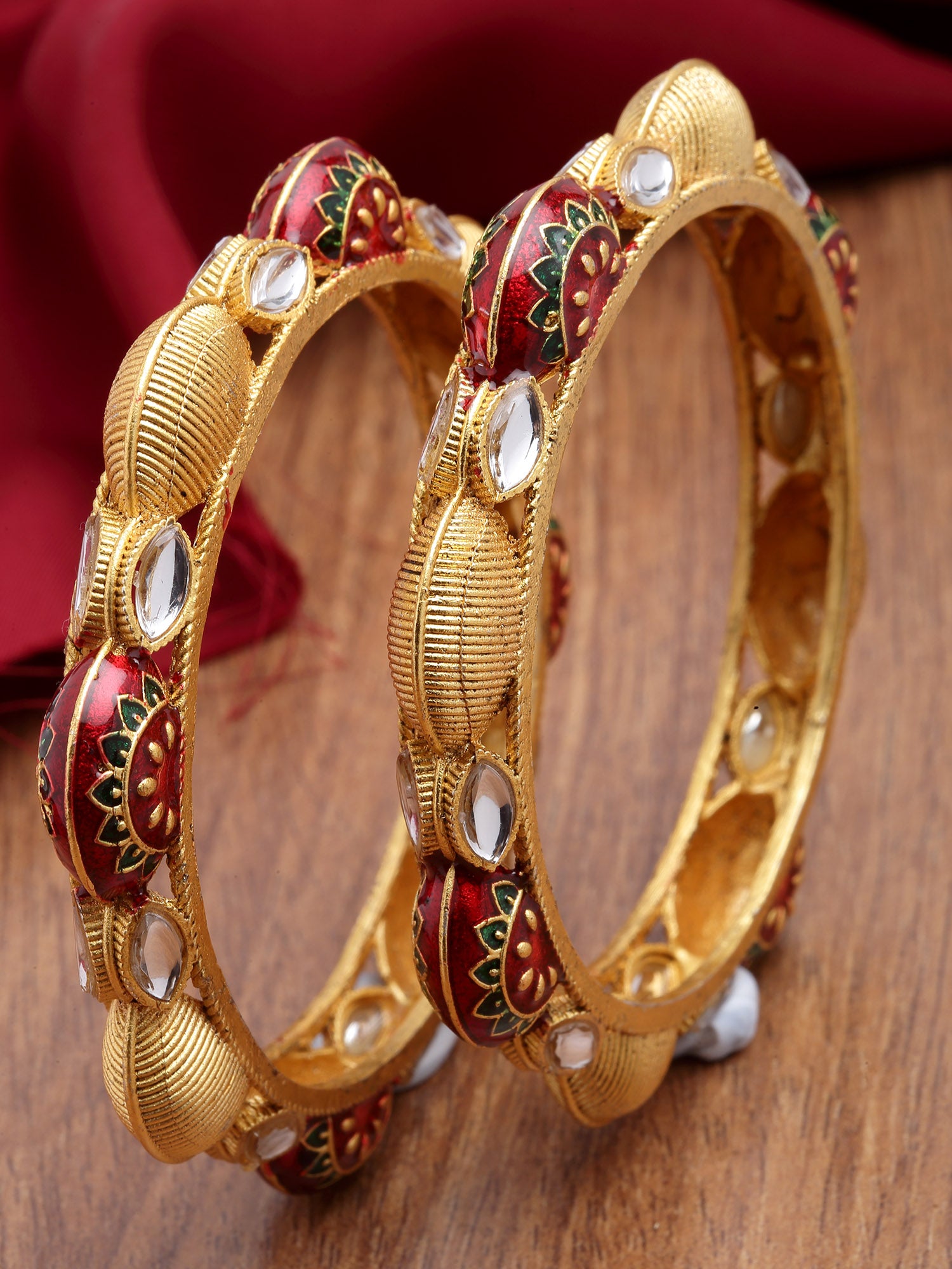Karatcart Gold Plated Set of 2 Red Meena Bangles for Women