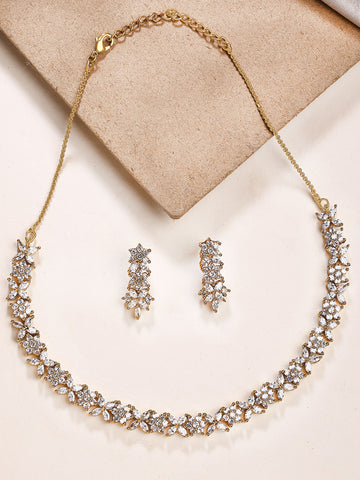 KARATCART Sparkling Gold-Plated American Diamond Floral Jewellery Set for Women
