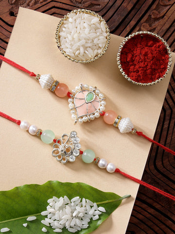 KARATCART Set of 2 Peach Meenakari Heart Shape Handmade Kundan Rakhi for Brother with Roli & Chawal