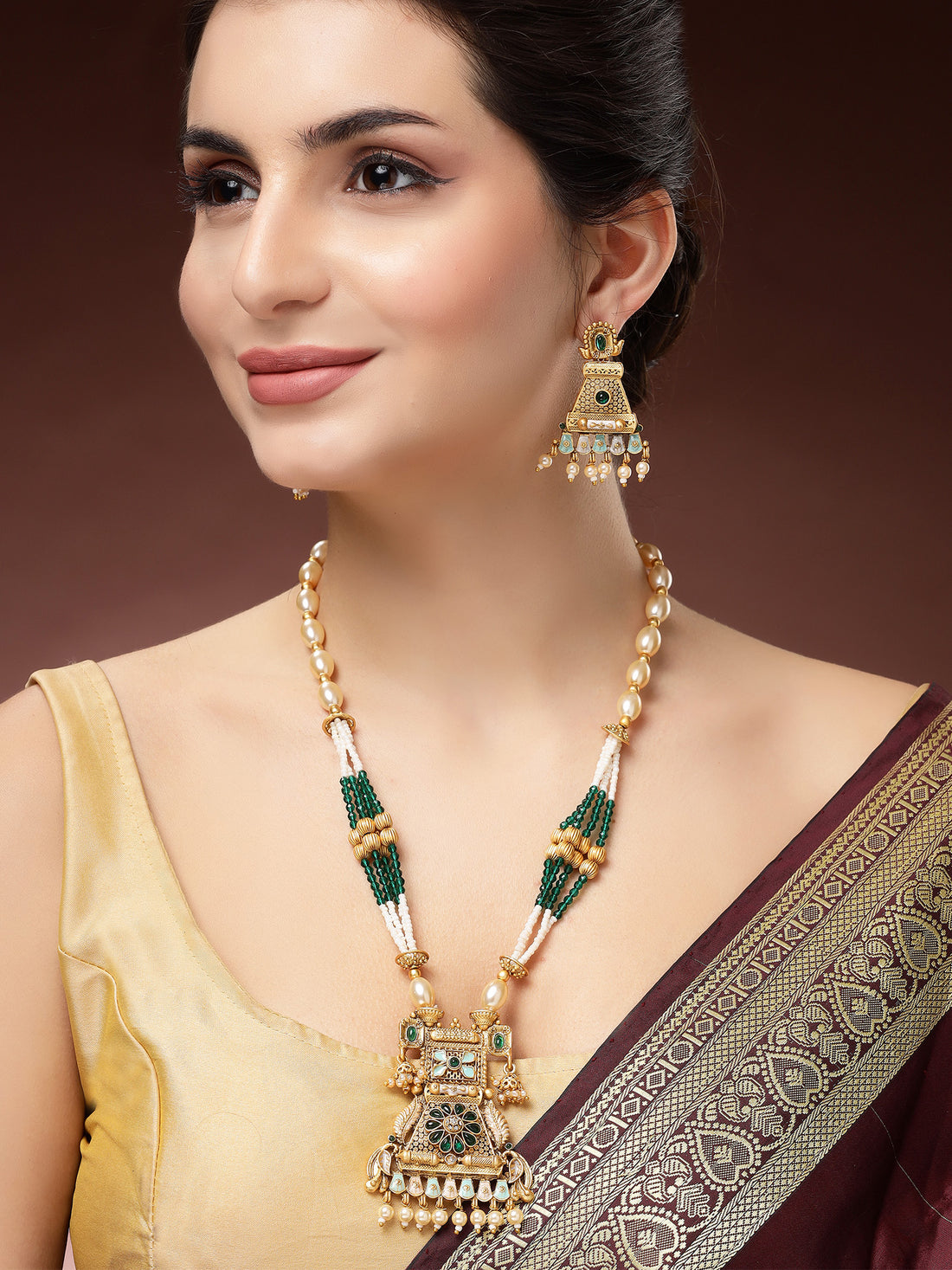 Karatcart Gold-Plated Green Floral Enamel Rani Haar Necklace Set for Women