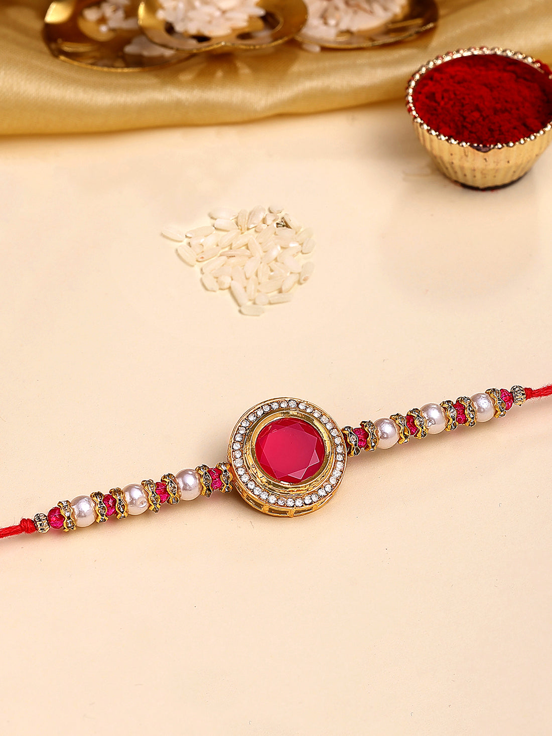 Karatcart Gold Plated Red Polki Kundan Bhiya Rakhi with Roli & Chawal