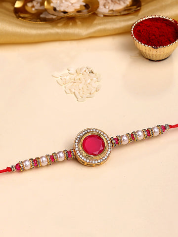 KARATCART Gold Plated Red Polki Kundan Bhaiya Rakhi with Roli & Chawal