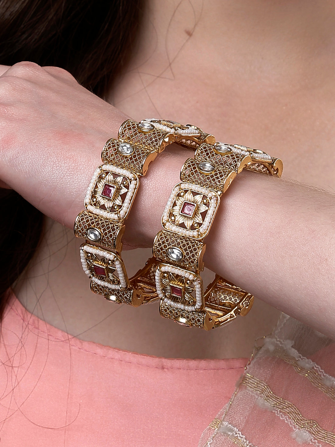 Karatcart Set of 2 Gold Plated Square Floral Design Bangles for Women
