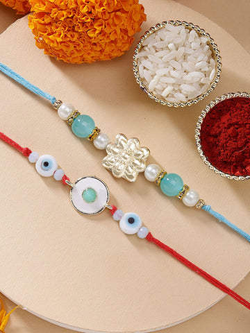 KARATCART Set of 2 Light Blue Evil Eye Handmade Kundan Rakhi for Brother with Roli & Chawal
