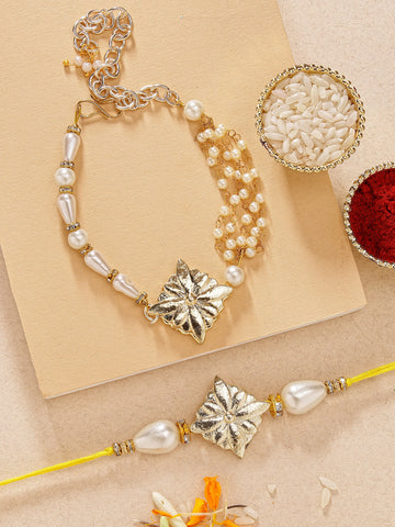 KARATCART Pearl Beaded Floral Design Handmade Kundan Bhaiya Bhabhi Rakhi with Roli and Chawal