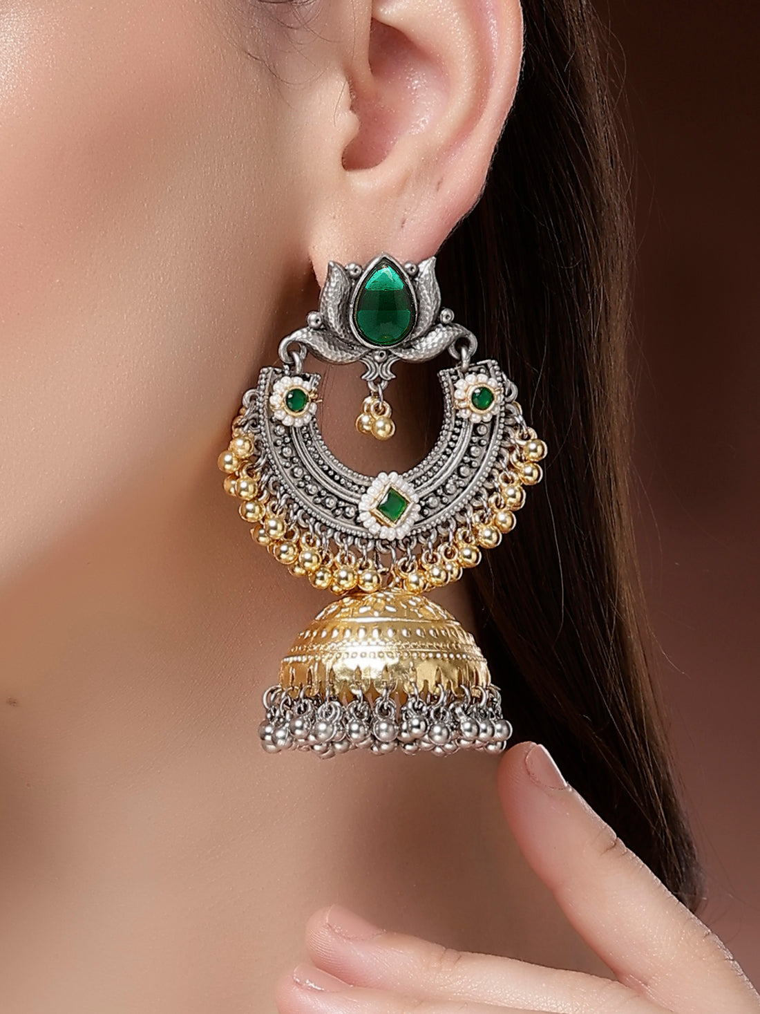 Karatcart Designer Oxidized Silver and Gold Plated Green Lotus Motif Dual-Tone Jhumka Earrings