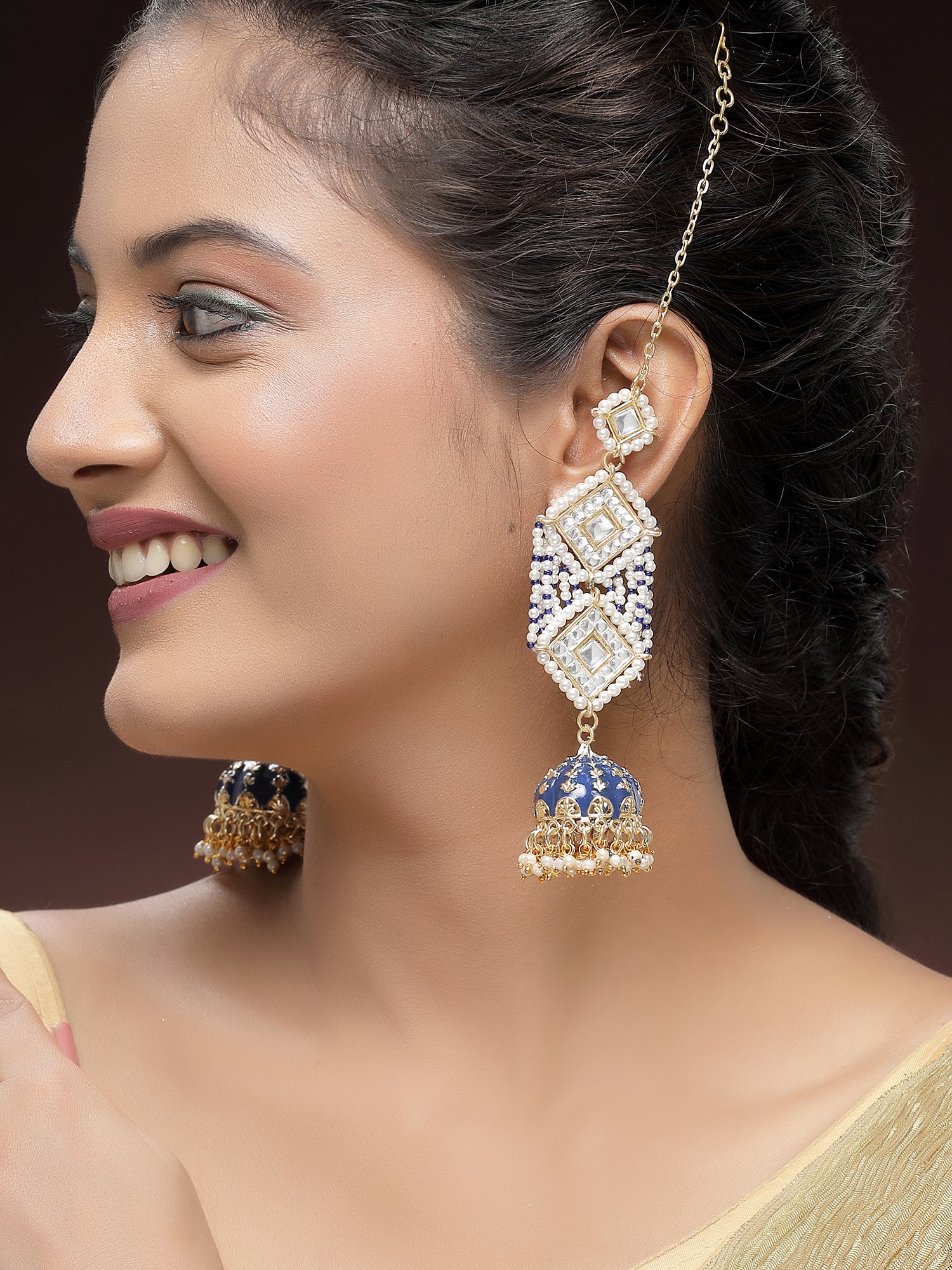 KARATCART Designer Gold-Plated Blue Meena and Kundan Jhumki Earrings for Women - Image 1