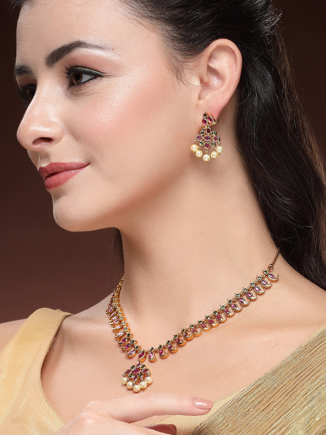 KARATCART Traditional Gold Plated Pink and Green Stone Classic Necklace Set for Women