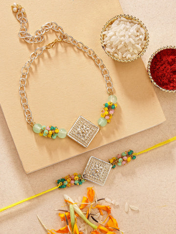 KARATCART Multicolor Crystal Handmade Gold Square Kundan Bhaiya Bhabhi Rakhi with Roli & Chawal
