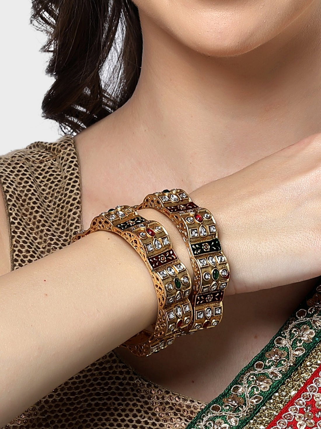 Karatcart Gold Plated Red and Green Meena Kundan Studded Bangles Set for Women
