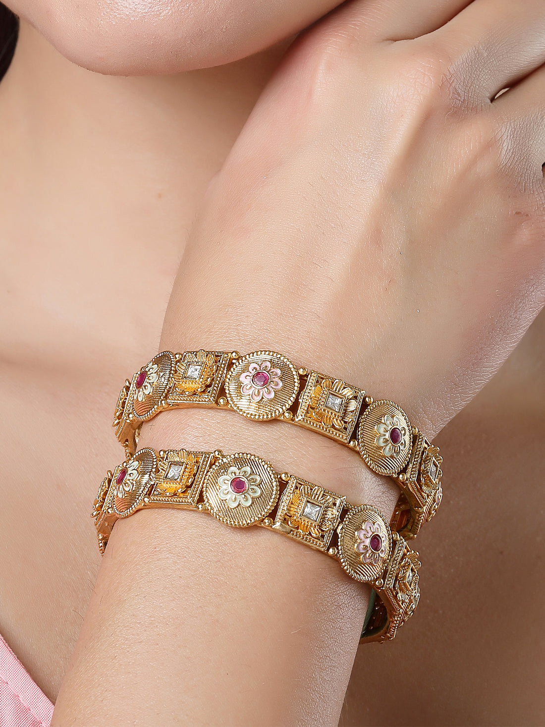 Karatcart Set of 2 Gold Plated Floral Design Green and Pink Meena Bangles for Women