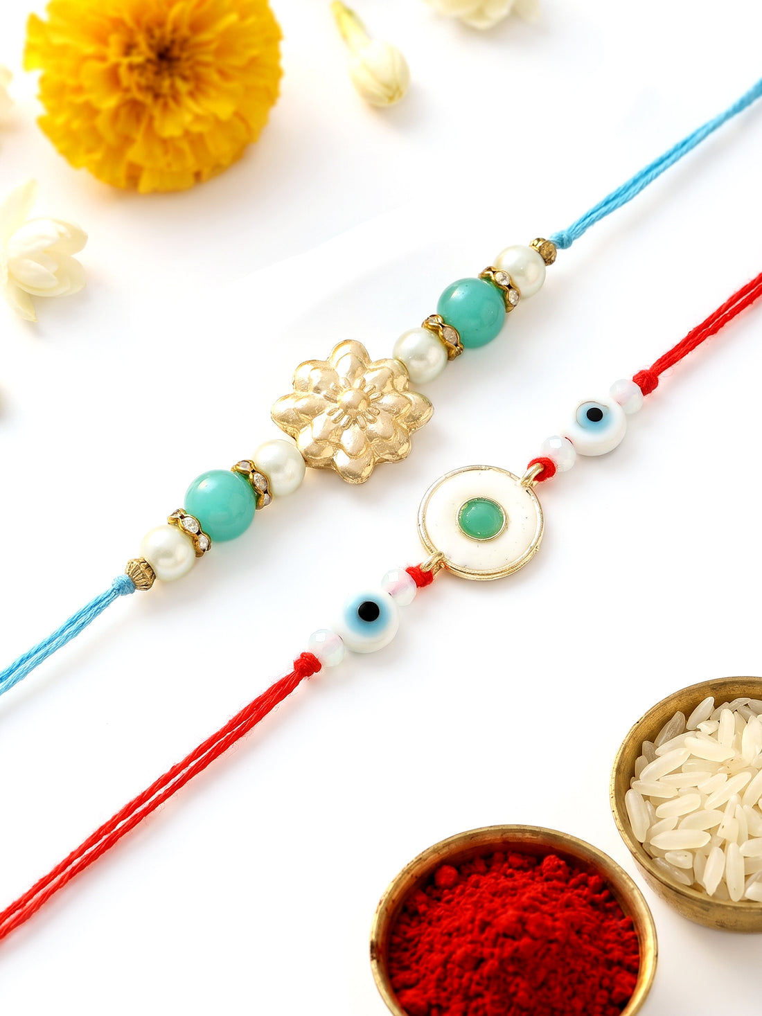 KARATCART Set of 2 Light Blue Evil Eye Handmade Kundan Rakhi for Brother with Roli & Chawal
