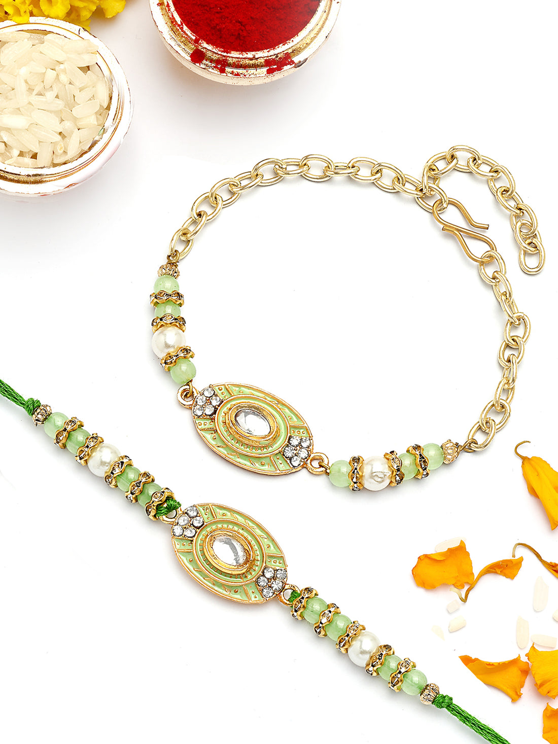 KARATCART Gold Plated Lime Green Enamel Kundan Bhaiya Bhabhi Rakhi with Roli & Chawal